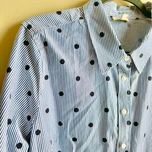 Talbots 100% Cotton Blue Chambray Striped Shirt with Black Polka Dots